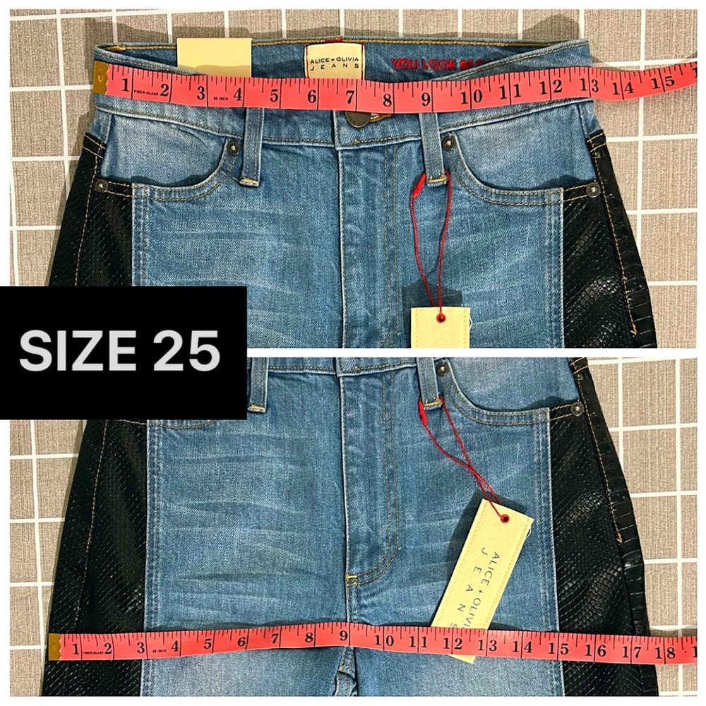 Alice + Olivia Max Vegan Leather Denim Jeans Combo Wide Leg Blue Black Pant - Picture 10 of 17